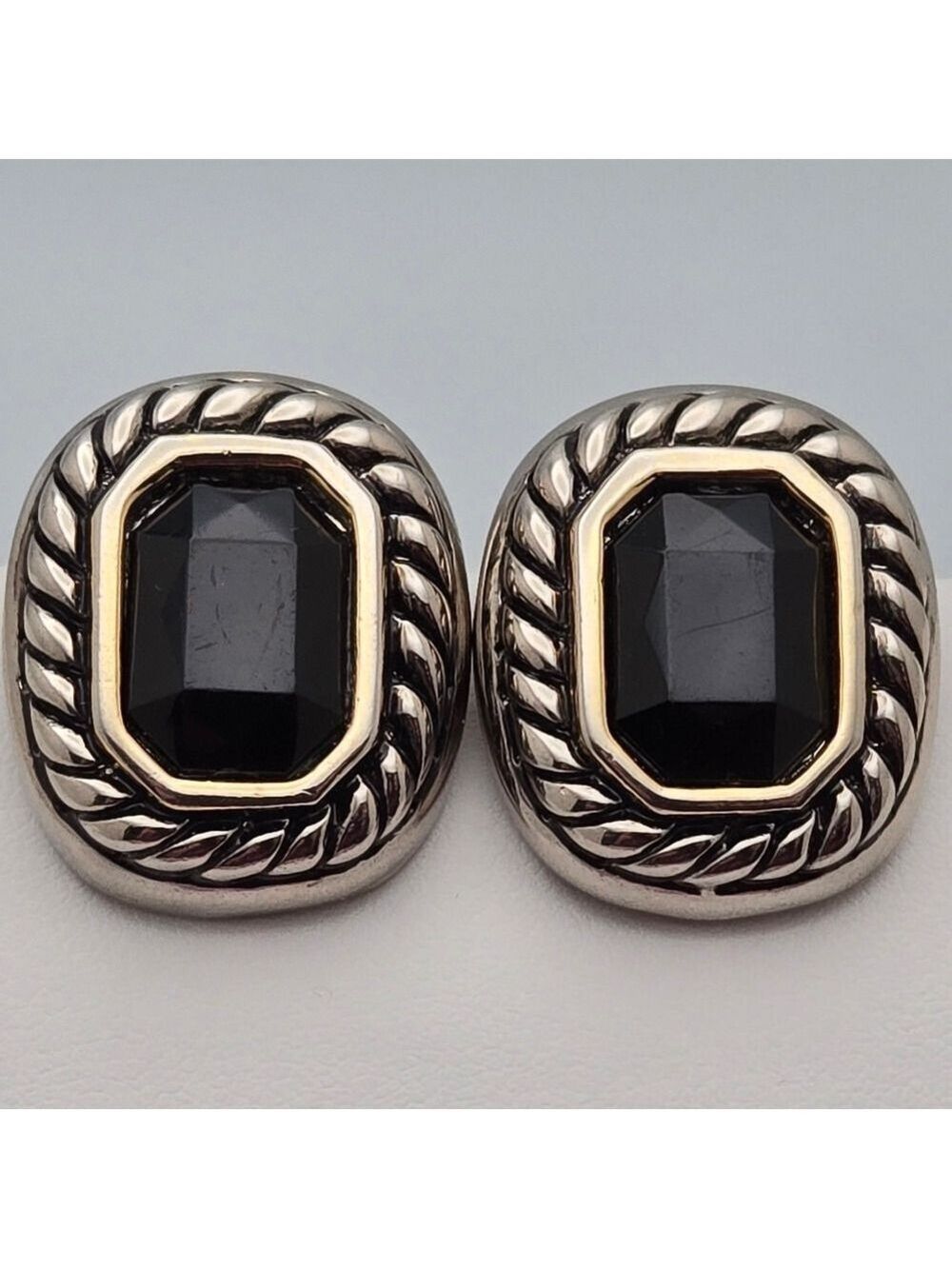 Vintage Silver Tone Black Onyx Clip-On Earrings w/Rope Frame